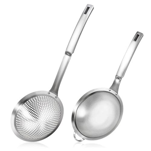 2 Pcs Large Holes Slotted Colander Frying Spoon Set With Handle, Fine Mesh Stainless Steel Sieve Food Strainer, Spider Strainer Skimmer, Handheld For Kitchen Cooking Tool
