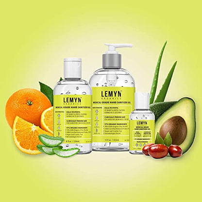 Lemyn Organics Medical‑Grade Hand Sanitizer Gel – 97 % Organic | 70 % USP Ethyl Alcohol | Moisturizing Aloe + Hyaluronic Acid | Freshly Made in USA | 12oz Bottle with Pump - size: 12 Fl Oz (Pack of 1)