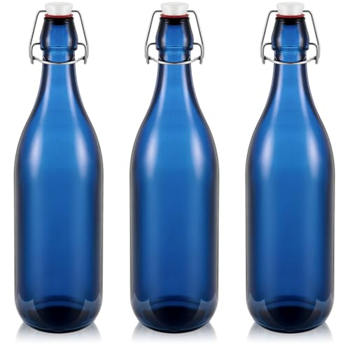 Teenyyou 3 Pcs Blue Glass Bottle 1 L / 33.75 oz Decorative Bottles Blue Swing Top Glass Bottles with Airtight Lid for Centerpieces Garden Decor, Bottle Tree - color: Blue, size: 33.75oz