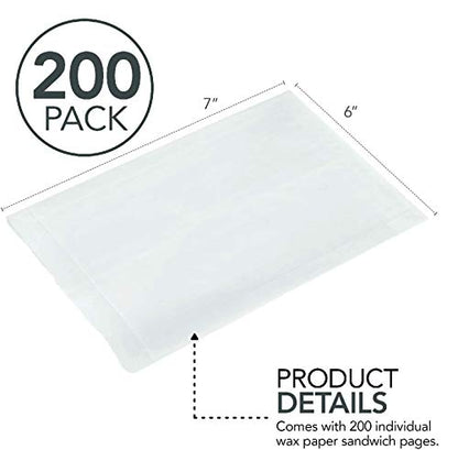 Paper Sandwich Bags Bulk Wax Paper (200 Pack) 7" x 6" x 1" Wet Wax Paper - Food Grade Grease Resistant Wax - White Glassine Bags - Paper Bags for Bakery Cookies, Candy, Snacks, French Fries