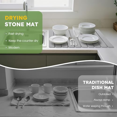 HABUTWAY Large Stone Dish Drying Mat for Kitchen Counter – 24"×16" Collapsible Diatomaceous Earth Mat, Ultra Absorbent & Quick Dry, Foldable Drying Pad for Dishes, Bottles, Cups (Light Grey) - color: LIGHT GREY