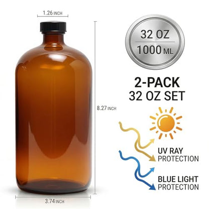 2 Pack 1000ml (32oz) Amber Glass Boston Round Bottles with Black Screw Caps - Empty Refillable Brown Glass Bottles for Essential Oils, Lab Chemicals, Cosmetics, Cleaning Solutions & Homemade Products