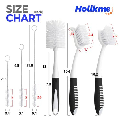 Holikme 6 Pack Dish Brush Set with Bottle Brush, Dish Scrub Brush, Pan Brush and 3 Straw Brushes, Deep Cleaning Handle Brush with Scraper Tip for Kitchen Sink Dishes Bottle Cup Pot and Pans (Black) - color: Black
