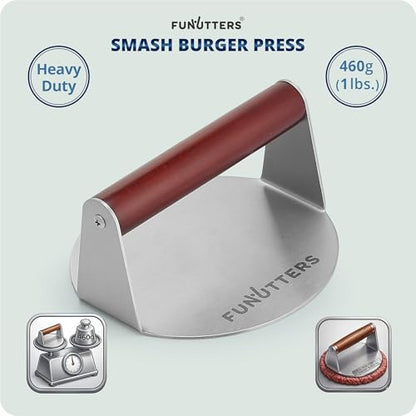 FUNUTTERS 6.5'' Smash Burger Press Patty Maker, Hamburger Smasher Tool, Heavy-Duty Stainless Steel, BBQ Grill and Flattop Griddle Accessory - Commercial Grade - size: 6.5'' with Beechwood Handle