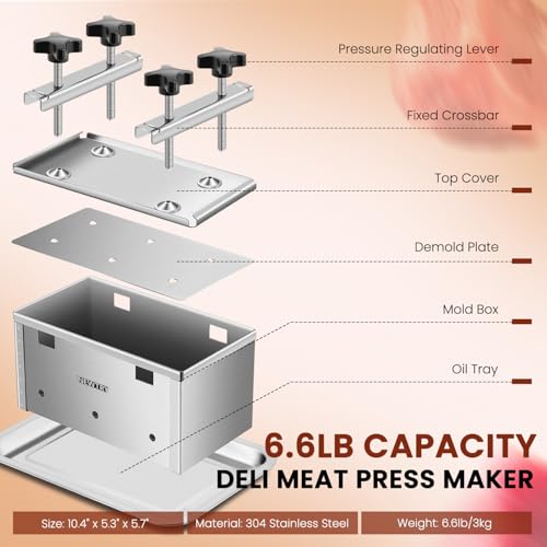 NEWTRY Deli Meat Press Tool 6.6LB Capacity Tofu Press Maker 304 Stainless Steel for Tofu Pork Beef Bacon Homemade Deli Meat with Press Handle
