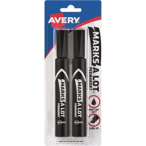 Avery Marks A Lot Permanent Markers, Regular Desk-Style Size, Chisel Tip, 2 Black Markers (07902)