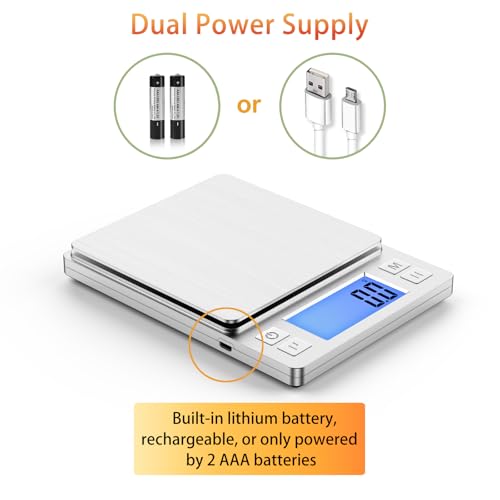 BOMATA Upgraded Small Food Scale, 0.1 g/0.001 oz High Precision, 3000 g/6.6 lb, with New Hold Function and Larger Display, USB Rechargeable, Digital Kitchen Scale for Small Item, Jewelry. Sliver - size: 0.1g/3kg Silver