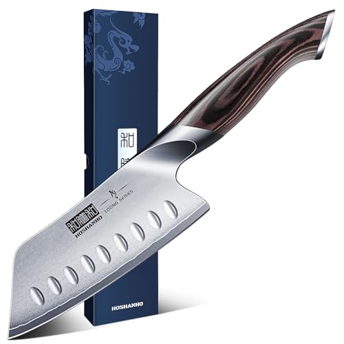 HOSHANHO 12.7cm(5인치) 일본 셰프 나이프, 매우 날카로운 고탄소 스테인리스 스틸 주방 칼, 인체 공학적 파카우드 손잡이가 있는 전문 산토쿠 나이프 - size: 5"