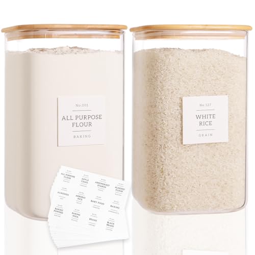 CZZGSM 2 Pack Square Glass Flour and Sugar Containers with 132 Kitchen Pantry Labels - Thicken 149 FL OZ Large Glass Storage Jars with Airtight Bamboo Lid - Big Food Canisters for Rice, Pasta, Cookie - size: 149OZ