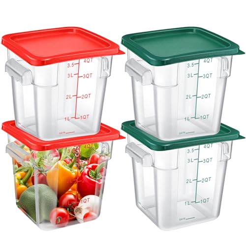 Maxcheck 4 Pcs 4qt Food Storage Container with Lids Bulk Clear Plastic Commercial Food Storage Bins with Scale Handle Space Saving Restaurant Tubs for Kitchen Prep Proof Dough(Red, Green) - color: Red, Green