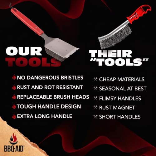 Bristle Free Grill Brush Cleaner and Scraper for Barbecue, Replaceable Head | Safe Bristle-Free Stainless Steel Scrub Pad with Heavy-Duty Scraper & Long Red Handle, Safe on Any Grill Grate - color: Red