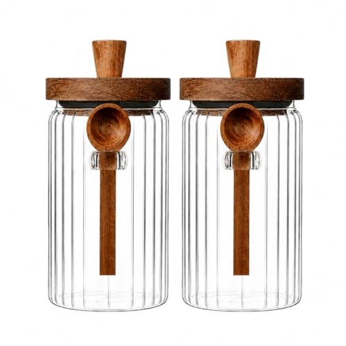 ANSQU Glass Jar with Wooden Lid & Spoon, Food Storage Containers Coffee Jar Coffee Grounds Container, Food Storage Canister (34oz-2pack-stripe) - size: 34oz-2pack-stripe