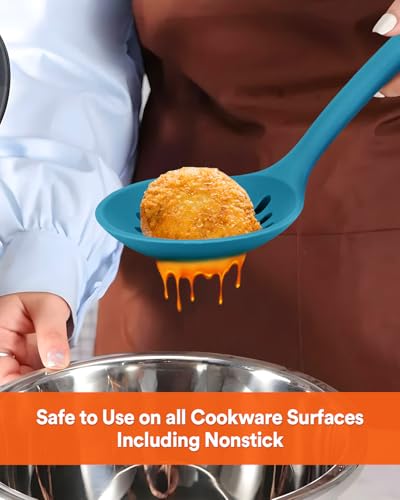 Kitchen Ladle Strainer, Large Slotted Spoon with High Heat Resistant BPA Free, Non Stick Cooking Skimmers For Draining & Frying, 13.2inch (Blue) - color: Blue