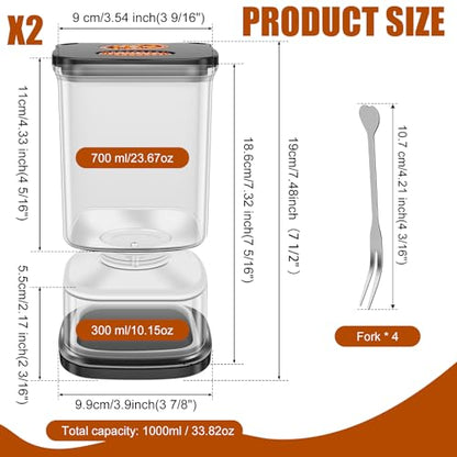 2 Pack Pickle Jars with Strainer Flip, Salad Olive Jar, 33.82 OZ Clear Square Pickle Container with 4 Fork and Timer Recorder Olive Container Jar for Gherkins Olives Onions Garlic, Gifts for Mom