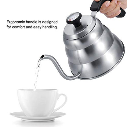 Stainless Steel Coffee Kettle with Gooseneck Spout Built in Thermometer Accuracy Pouring for Perfect Brew(1L-Silver) - size: 1L