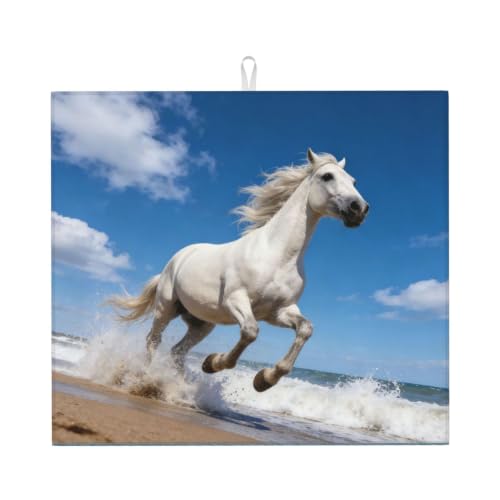 White horse running on the sea Dish Drying Mat for Kitchen Counter, Absorbent Microfiber Drainer Mats, Non-slip Kitchen Draining Mat for Coffee Machine Dish Rack Pad 18"x16" Dish Drainer Pad - color: White Horse Running On The Sea