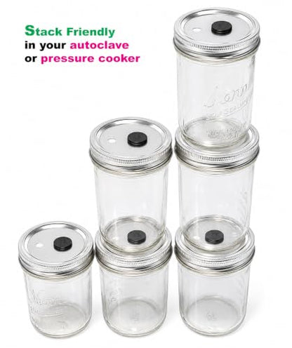 Root Mushroom Farm- 6Pcs Wide Mouth Mushroom Liquid Culture Lids, Mason Jar Lid with Two air exchange openings, 0.22um PTFE Filters & 20mm Self Healing Injection Port - style: Wide Mouth Jar Lids