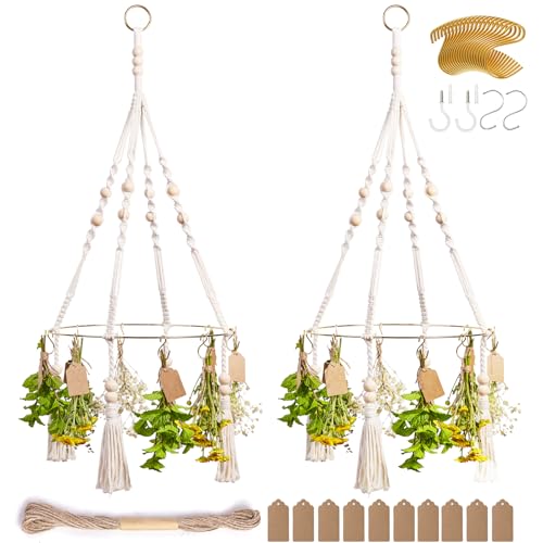 Herb Drying Rack with Decorative Tassels, 2-Pack Includes 20 Golden Hooks, 25 Gift Tags & 32ft Jute Twine - Hanging Herb Dryer for Kitchen, Garden, Home Decor