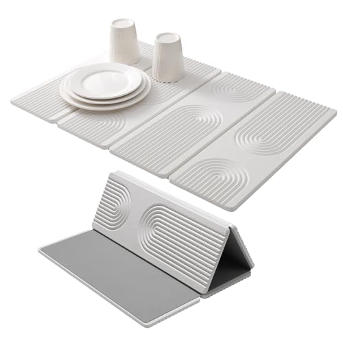 Stone Drying Mat for Kitchen Counter,Foldable(White (4-fold), 24" × 16") | Large Quick-Dry Diatomaceous Earth Dish Drying Mat with PU Non-Slip Base,for Bottles Cups Dishes - color: White (4-fold)