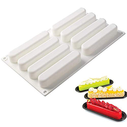 OCPO KITCHEN Eclair Silicone Mold for Baking Mousse Cake, 3D Silicone Baking Mold for Cakes French Pastry Chocolate Brownie, Cake Decoration, 3D Eclair Shape (8-Cavity) - style: Fashion Eclair (8-Cavity)
