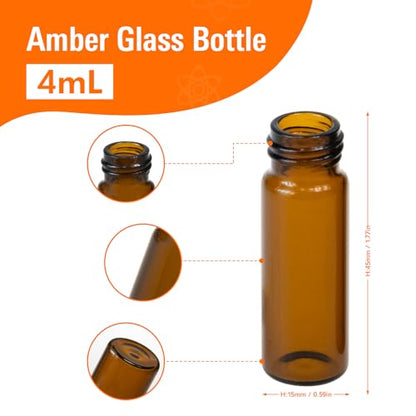 PEKYBIO 20 PCS 4 ML (1 dram) Amber Small Liquid Sample Glass Vials with Screw Caps, 15 MMX 45 mm Leak-Proof Vial, 13-425 Black Screw Cap with PE Liners for Lab, Essential Oil, Perfume, Reagents - size: 15*45mm 1 Dram & 4ml Vial
