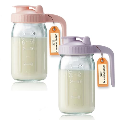 32oz Glass Pitcher with Lid & V-shaped Pour Spout - 1 Quart Double Leak Proof, Creamer Container for Sun Tea, Juice, Cold Brew Coffee, Breastmilk Storage Container - color: Pink+Purple, size: 32 Ounces