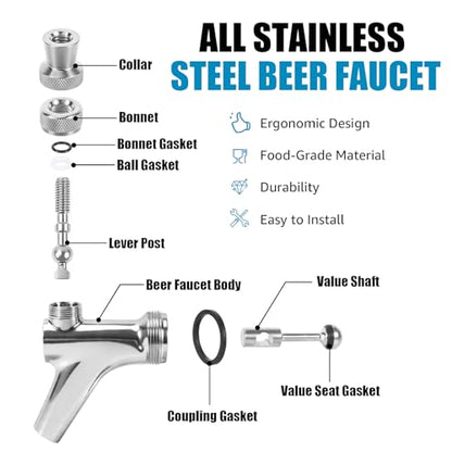Upgraded Draft Beer Faucet Keg Tap, Commercial Grade 304 Stainless Steel Kegerator Faucet, Leak-Proof Beer Dispenser Tap Fits American Beer Shanks & Towers for Homebrew