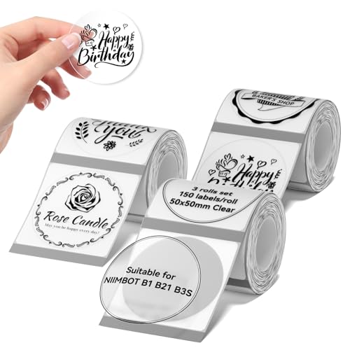 NIIMBOT Labels 3 Rolls Set for B1/B21/B31 Sticker Printer, 50x50mm (1.97'' x 1.97'') 150 Labels/Roll, Refill Labeling Tape for Home School Office Small Business (Clear Round) - color: 50mm×50mm-clear Round