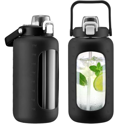 72oz Glass Water Bottle with 2-IN-1 Straw &Chug Lid, Large Motivational Glass Bottle with Capacity Marker and Silicone Sleeve, 2.1Liter Gallon Water Jug for Home, Sports, Gym, BPA Free-Black - color: Black