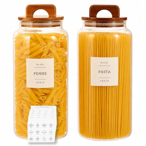 2 Pack Large Glass Flour and Sugar Containers with 132 Pantry Labels - 105 FL OZ Glass Canisters with Bamboo Airtight Lids - Farmhouse Kitchen Glass Pantry Jars for Cookie, Rice, Pasta, Cereal, Salt - size: 105OZ-2 Pack