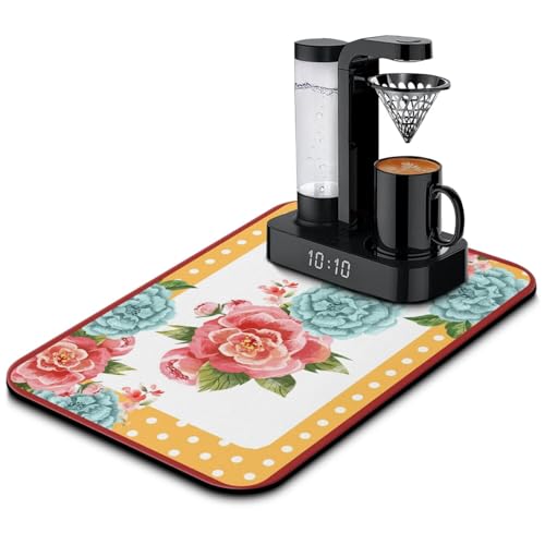 Washable Non-Slip Pioneer Flower Dish Drying Mats,Super Absorbent Quick Drying Mat For Kitchen Counter Home Large Coffee Bar Pad Accessories And Decor 19.5''x12'' (Light Blue Pink Flower, 19.5*12) - color: Light Blue Pink Flower, size: 19.5" x 19.5"