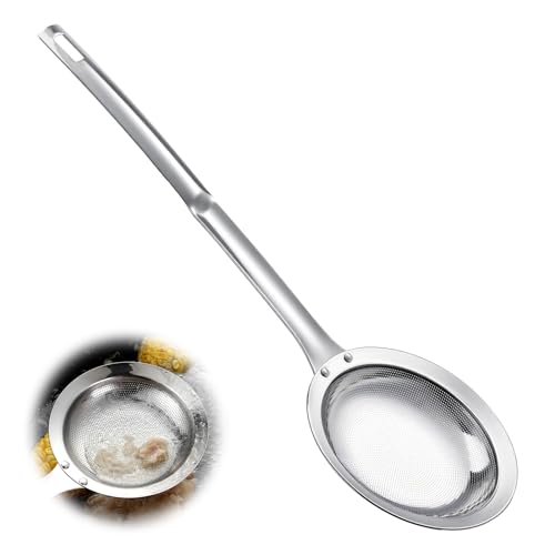 Skimmer Spoon Filter Grease Foam Fine Mesh Stainless Steel Sieve Colander, Extra Fine Strainer With Handle Handheld Fry Oil Filter for Cooking Sieve Spoon for Food Strainer Kitchen Gadget (Large)
