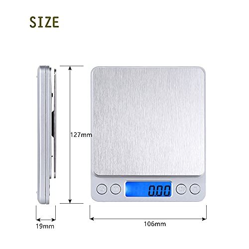 Small Digital Scale,3kg/0.1g,6.6lb,Kitchen Scale,Food Scale,with Blue Backlit LCD Display, 6 Units, Auto Off, Tare, PCS Function, Stainless Steel, Battery Included