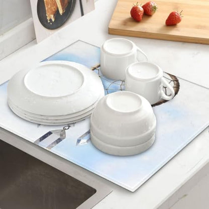 White fantasy dream catcher Dish Drying Mat for Kitchen Counter, Absorbent Microfiber Drainer Mats, Non-slip Kitchen Draining Mat for Coffee Machine Dish Rack Pad 18"x16" Dish Drainer Pad - color: White Fantasy Dream Catcher