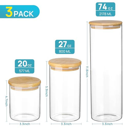 Vtopmart 3 Pack Kitchen Containers with Airtight Bamboo Lids (74oz/27oz/20oz), Glass Pantry Storage Containers for Pasta, Nuts, Coffee Beans, Cereal, Canisters Set for Pantry Organization, BPA Free - size: 3 Pack (74oz/27oz/20oz)