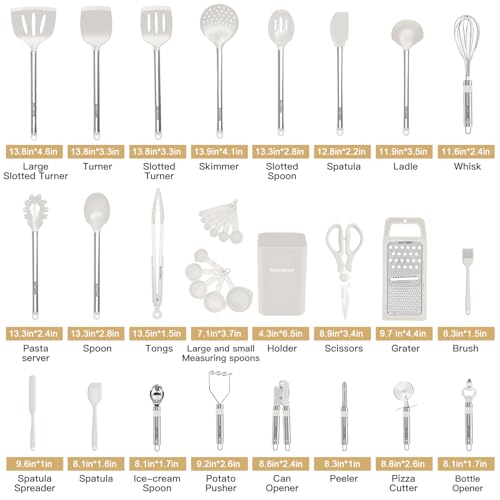 Kitchen Utensil Set-Silicone Cooking Utensils-33 Kitchen Gadgets & Spoons for Nonstick Cookware-Silicone and Stainless Steel Spatula Set-Best Kitchen Tools, Useful Pots (Cream White) - color: Cream White