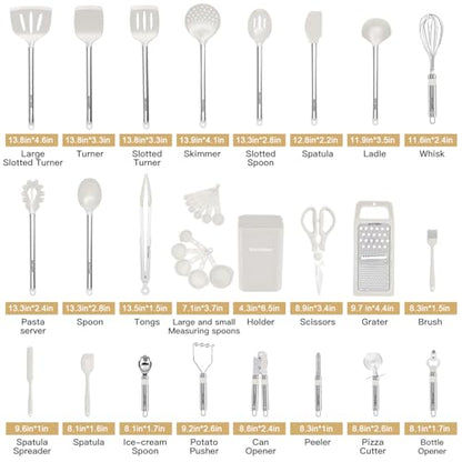 Kitchen Utensil Set-Silicone Cooking Utensils-33 Kitchen Gadgets & Spoons for Nonstick Cookware-Silicone and Stainless Steel Spatula Set-Best Kitchen Tools, Useful Pots (Cream White) - color: Cream White