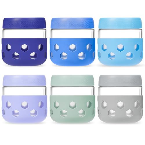 Gemice 6-Pack 10 oz Overnight Oats Containers with Lids and Silicone Sleeves, Glass Mason Jars with Airtight Lid, Dishwasher Safe, Wide Mouth Chia Seed Pudding Meal Prep Jar for Yogurt Berries Snack - color: Indigo Orchid, size: 10oz, 6-Pack