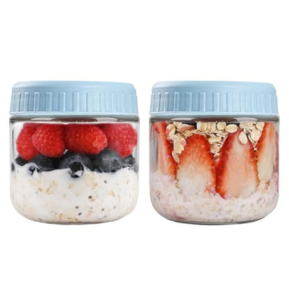 SHOWIN Overnight Oats Containers with Lids, 10oz Glass Jars with Lids 2 pcs, Light Blue, Wide Mouth Mason jars for Salad, Yogurt, Snacks, Meal Prep - color: Light Blue, size: 10oz-2pc