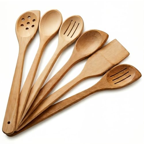 ECOSALL 6 Healthy Wooden Spoons For Cooking – Safe & Reliable Kitchen Set | 100% Natural, Uncoated, Unfinished Solid Hard Wood Utensils to Scrape, Stir, Serve, Turn, Flip & Mix Your Food. Nonstick Safe