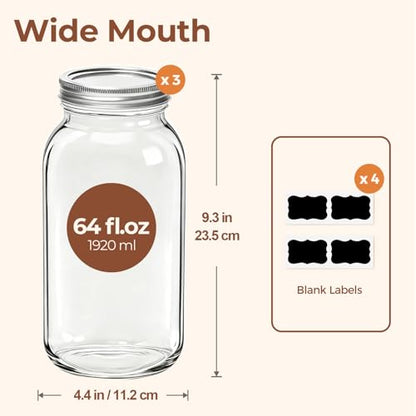 ComSaf 64 oz Wide Mouth Mason Jars 3 Pack, Half Gallon Glass Jars with Lids | BPA-Free Materials, Large Size, Canning Pickling Sauce, Meal Prep Salad, Sourdough, Flour And Sugar For Baking, Food Storage - size: Half Gallon wide mouth 3PCS