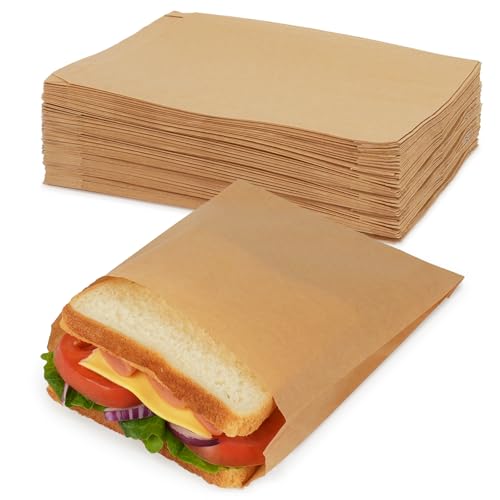 200 Pack Paper Sandwich Bags with Seal Stickers, 6"×8"×1" Unbleached Natural Kraft Paper Bakery Bags for Lunch Packing, Cookies, Treats, Snacks, Pastry, Baked Goods - color: Brown