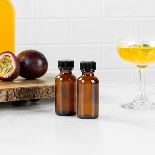 Restaurantware Vetri 1 Ounce Boston Glass Bottles, 48 Sample Bottles With Black Phenolic Caps - Dishwashable, Round, Amber Glass Bottle, For Potion, Juice, Ginger Shots, Whiskey, Liquids - color: Amber, size: 1 oz