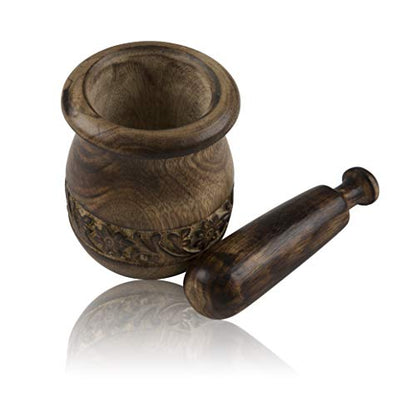 Handmade Wooden Mortar & Pestle Set Natural Rustic Style Herb Spice Grinder Masala Mixer Manual Kharal Mashing Bowl Seasonings Pill Crusher Kitchen Utensils Birthday Housewarming Gift Ideas