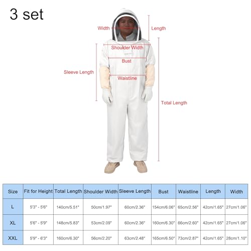 HARFINGTON 3Sets Bee Suit for Men and Women XXL Beekeeping Suits Outfit with Glove and Veil Hood Bee Suits for Men Proof Backyard Professional and Beginner Bee Keeper Thick, White - size: XXL