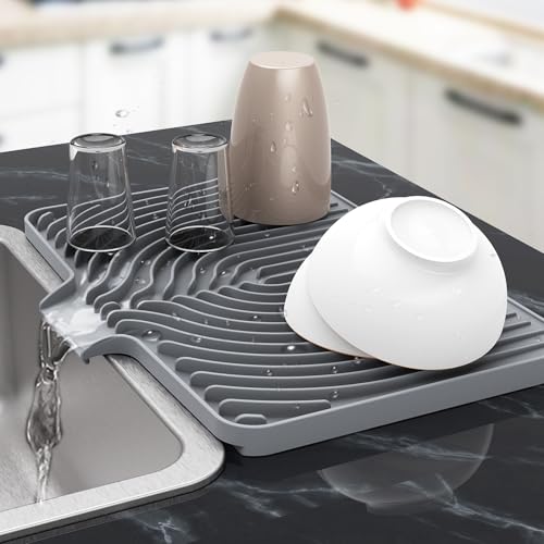 Silicone Dish Drying Mat for Kitchen Counter , Dish Drying Rack Matt with Built in Drain, 18 Inch dish Dry Mats for Kitchen Counter,Bumps up sink Applicable(18×12inch Extra Raised, gray) - color: Gray, style: 18×12inch Extra Raised