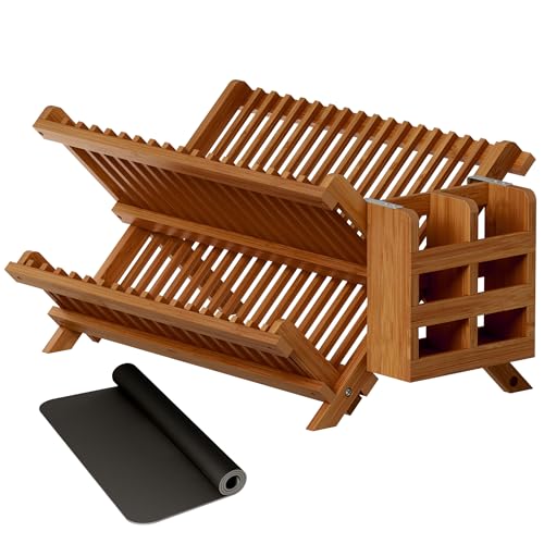 Greenual Teak Dish Drying Rack with Utensil Holder, 2 Tier Collapsible Dish Rack, Wooden Dish Racks for Kitchen Counter, Folding Drying Holder with Absorbent Dish Drying Mat - color: Teak, size: 2-Tier+Dish Drying Mat