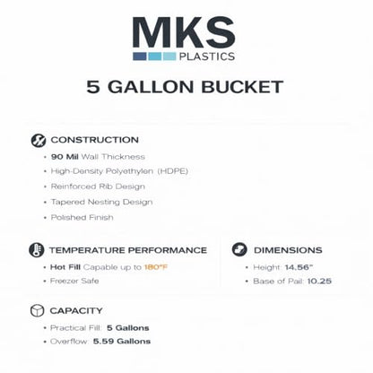 MKS Plastics 5-Gallon Bucket with Airtight Lid – Made in USA, Food Grade BPA Free Plastic, Heavy Duty Multi-Use, Metal Handle with Grip, Stackable Storage – White, 1 Pack - color: 5 Gallon - White, size: 1
