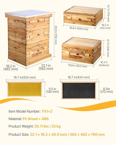VEVOR Bee Hive 10 Frame Bee Hives Starter Kit, Beeswax Coated Fir Wood, 2 Deep + 1 Medium Bee Boxes Langstroth Beehive Kit, Transparent Acrylic Windows with Foundations for Beginners Pro Beekeepers - size: Deep Box x 2+ Medium Box x 1