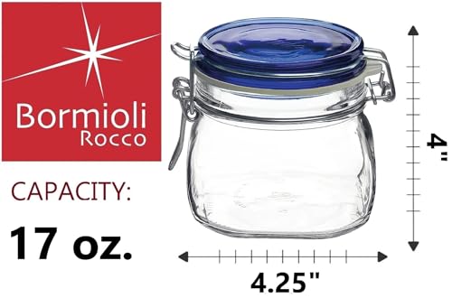 Bormioli Rocco Fido Square Jar with Blue Lid, 17-1/2-Ounce - color: Clear, size: 17.50 fl oz